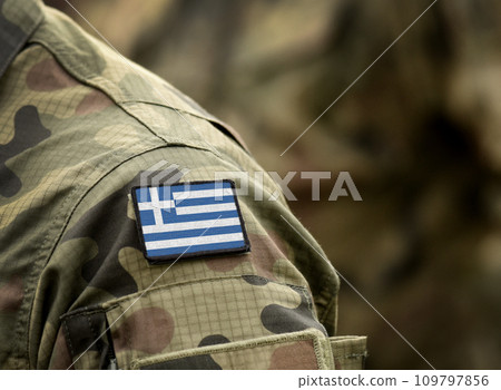 Flag of Greece on military uniform. Greece, Army, troops, soldiers, Greece (collage). 109797856