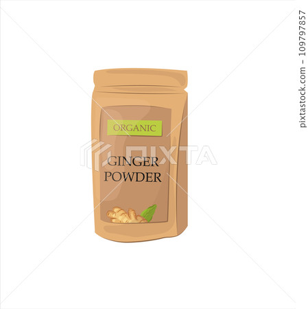 Dry ginger powder in a pack. Ayurvedic remedy and spice for cooking. Isolated cartoon vector illustration. 109797857