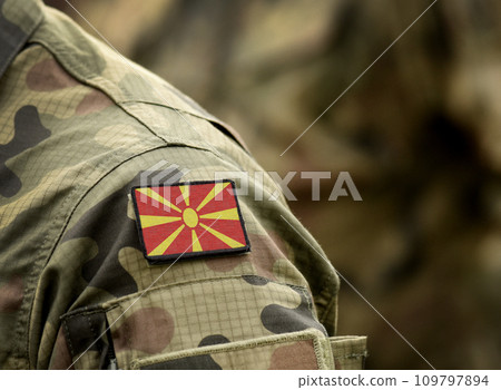 Flag of Republic of North Macedonia on military uniform. Army, troops, soldiers. Collage. Flag of Republic of North Macedonia on military uniform. Army, troops, soldiers. Collage. 109797894