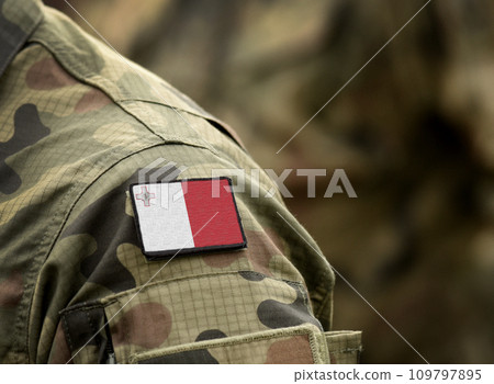 Flag of Malta on military uniform. Army, troops, soldiers. Collage. Flag of Malta on military uniform. Army, troops, soldiers. Collage. 109797895