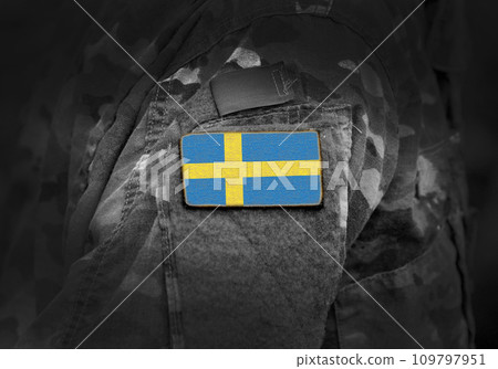 Flag of Sweden on military uniform. Army, troops, soldiers. Collage. 109797951