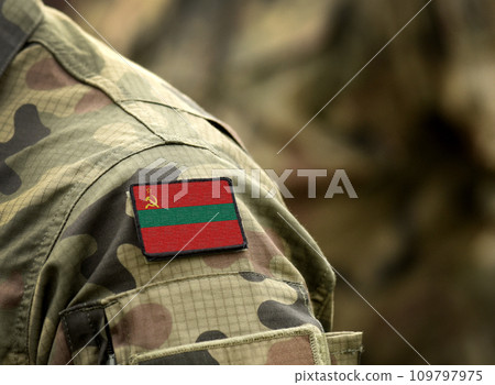 Flag of Transnistria on military uniform. Army, troops, soldiers. Collage. 109797975