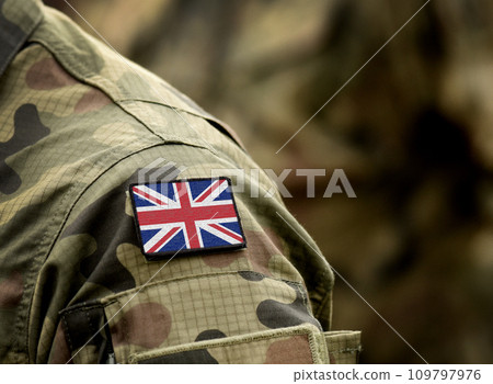 Flag of United Kingdom on military uniform. UK Army. British Armed Forces, soldiers. Collage. 109797976