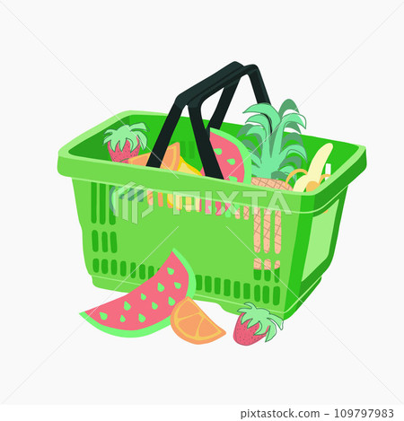 Vector isolated illustration of fruit shopping. Fruits in a basket. Healthy Eating. Fruitage. Vegan products. 109797983
