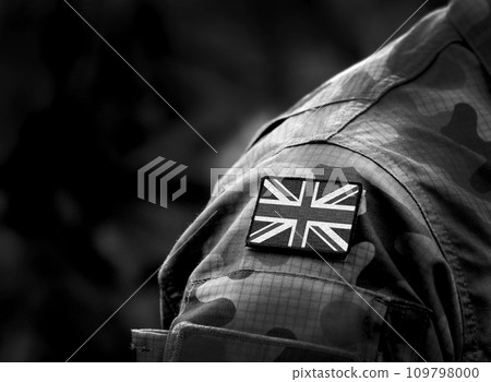 Flag of United Kingdom on military uniform. UK Army. British Armed Forces, soldiers. Collage. Flag of United Kingdom on military uniform. UK Army. British Armed Forces, soldiers. Collage. 109798000