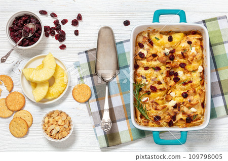 pineapple sweet casserole in baking dish, top view 109798005