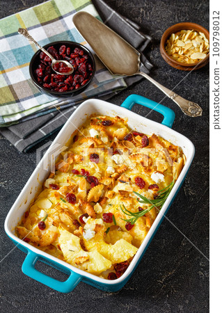 pineapple sweet casserole in baking dish, top view 109798012