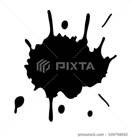 Ink blot. Abstract stain with drops and splashes. Black paint splatter. Vector illustration isolated on white background. Liquid dirty inkblot. Grunge style. Design element. 109798092