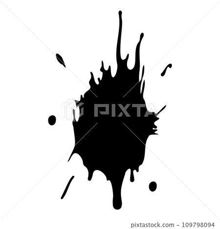 Ink blot. Abstract stain with drops and splashes. Black paint splatter. Vector illustration isolated on a white background. Liquid dirty inkblot. Grunge style. Design element. 109798094