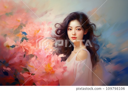 Beautiful brunette Asian woman with flowers. Romantic lady. Illustration in style of oil painting. Impressionism. Trendy pastel colors. For postcard, greeting, wall decor, cover design, print Beautiful brunette Asian woman with flowers. Romantic lady. Illustration in style of oil painting. Impressionism. Trendy pastel colors. For postcard, greeting, wall decor, cover design, print 109798106