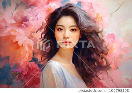 Beautiful brunette Asian woman with flowers. Romantic lady. Illustration in style of oil painting. Impressionism. Trendy pastel colors. For postcard, greeting, wall decor, cover design, print Beautiful brunette Asian woman with flowers. Romantic lady. Illustration in style of oil painting. Impressionism. Trendy pastel colors. For postcard, greeting, wall decor, cover design, print 109798108