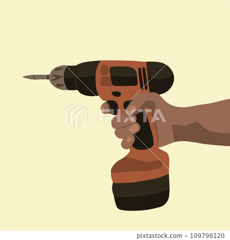 Vector isolated illustration of a drill held by a hand. 109798120