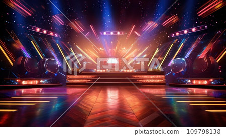 Vibrant and colorful stage with bright lights and a futuristic design. Concert stage with neon lights and a dazzling display. Modern Night Club. Futuristic Dance Floor. Vibrant and colorful stage with bright lights and a futuristic design. Concert stage with neon lights and a dazzling display. Modern Night Club. Futuristic Dance Floor. 109798138
