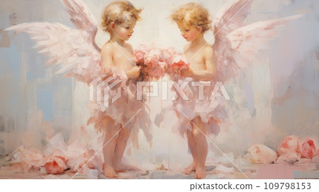 Ancient fresco. Two angels with wings with flowers. Cute fairies. Kids cherubs. Oil painting illustration, impressionism style. Pastel colors. For postcard, greeting, wall decor, cover design, print. Ancient fresco. Two angels with wings with flowers. Cute fairies. Kids cherubs. Oil painting illustration, impressionism style. Pastel colors. For postcard, greeting, wall decor, cover design, print. 109798153
