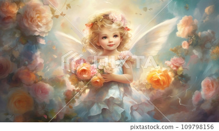 Girl angel with wings in white dress with flowers. Beautiful fairy. Golden-haired child cherub. Oil painting, impressionism style. Pastel colors. For postcard, greeting card, wall decor, cover design. Girl angel with wings in white dress with flowers. Beautiful fairy. Golden-haired child cherub. Oil painting, impressionism style. Pastel colors. For postcard, greeting card, wall decor, cover design. 109798156