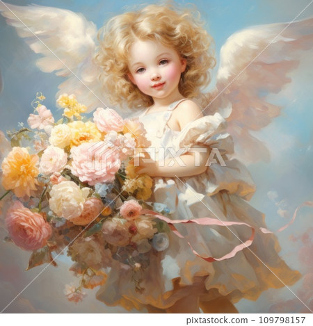 Girl angel with wings in white dress with flowers. Beautiful fairy. Golden-haired child cherub. Oil painting, impressionism style. Pastel colors. For postcard, greeting card, wall decor, cover design. Girl angel with wings in white dress with flowers. Beautiful fairy. Golden-haired child cherub. Oil painting, impressionism style. Pastel colors. For postcard, greeting card, wall decor, cover design. 109798157