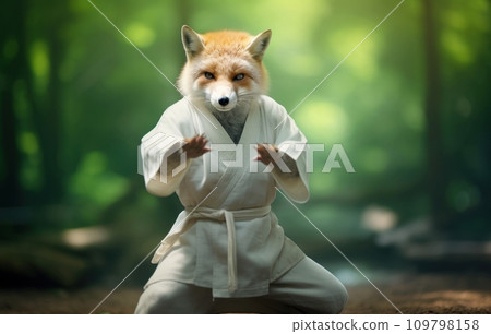 Karate Master Red Fox dressed in white practice uniform Showcasing Karate Skills in green forest. Fox practicing Martial Arts. Concept of strengthening spirit and body, self-development. Cute animal. Karate Master Red Fox dressed in white practice uniform Showcasing Karate Skills in green forest. Fox practicing Martial Arts. Concept of strengthening spirit and body, self-development. Cute animal. 109798158