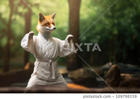 Karate Master Red Fox dressed in white practice uniform Showcasing Karate Skills in forest. Fox practicing Martial Arts. Concept of strengthening spirit and body, self-development. Funny animals. Karate Master Red Fox dressed in white practice uniform Showcasing Karate Skills in forest. Fox practicing Martial Arts. Concept of strengthening spirit and body, self-development. Funny animals. 109798159