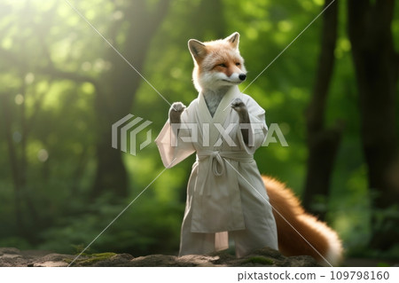 Karate Master Red Fox dressed in white practice uniform Showcasing Karate Skills in green forest. Fox practicing Martial Arts. Concept of strengthening spirit and body, self-development. Funny animals Karate Master Red Fox dressed in white practice uniform Showcasing Karate Skills in green forest. Fox practicing Martial Arts. Concept of strengthening spirit and body, self-development. Funny animals 109798160