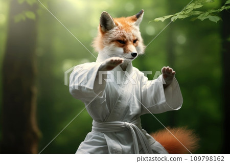 Karate Master Red Fox dressed in white practice uniform Showcasing Karate Skills in forest. Fox practicing Martial Arts. Concept of strengthening the spirit and body, self-development. Funny animals. Karate Master Red Fox dressed in white practice uniform Showcasing Karate Skills in forest. Fox practicing Martial Arts. Concept of strengthening the spirit and body, self-development. Funny animals. 109798162
