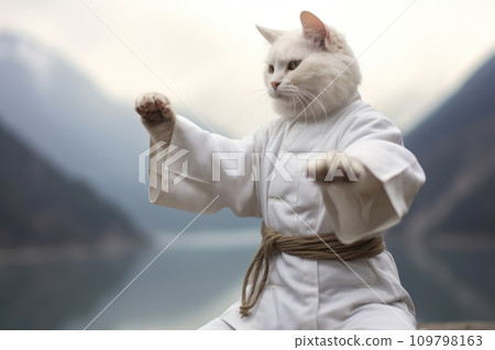 Karate Master White Cat dressed in white practice uniform Showcasing Karate Skills against blurred mountains. Kitty practicing Martial Arts. Concept of strengthening spirit and body, self-development. Karate Master White Cat dressed in white practice uniform Showcasing Karate Skills against blurred mountains. Kitty practicing Martial Arts. Concept of strengthening spirit and body, self-development. 109798163