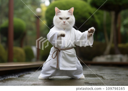 Karate Master White Cat dressed in white practice uniform Showcasing Karate Skills in park. Kitty practicing Martial Arts. Concept of strengthening spirit and body, self-development. Funny animals. Karate Master White Cat dressed in white practice uniform Showcasing Karate Skills in park. Kitty practicing Martial Arts. Concept of strengthening spirit and body, self-development. Funny animals. 109798165