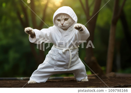 Karate Master White Cat dressed in white practice uniform Showcasing Karate Skills in Forest. Kitty practicing Martial Arts. Concept of strengthening the spirit and body, self-development Cute kitten Karate Master White Cat dressed in white practice uniform Showcasing Karate Skills in Forest. Kitty practicing Martial Arts. Concept of strengthening the spirit and body, self-development Cute kitten 109798166