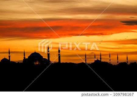 Sunset over Istanbul Silhouette of mosque orange sky, Turkey Sunset over Istanbul Silhouette of mosque orange sky, Turkey 109798167