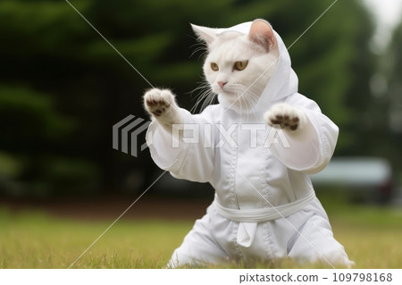 Karate Master White Cat dressed in white practice uniform Showcasing Karate Skills in Forest. Kitty practicing Martial Arts. Call for harmony, balance, spirituality and self-development Karate Master White Cat dressed in white practice uniform Showcasing Karate Skills in Forest. Kitty practicing Martial Arts. Call for harmony, balance, spirituality and self-development 109798168