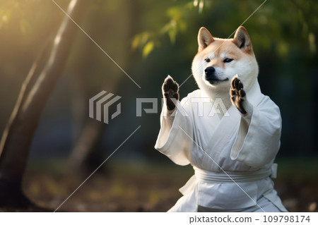 Karate Master Shiba Inu Dog dressed in white practice uniform Showcasing Karate Skills in Forest. Doggy practicing Martial Arts. Call for harmony, balance, spirituality and self-development. 109798174