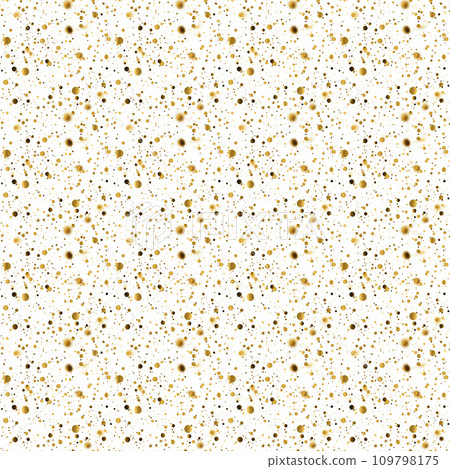 Festive Seamless Pattern. Small shiny gold drops, glittering golden blobs on white background. Paint splash. Spray texture. For print, textile, fabric, wrapping paper, wallpaper, backdrop, cover. 109798175