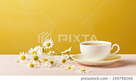 a cup of tea with chamomile in the background 109798260