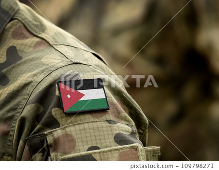 Flag of Jordan on military uniform. Army, armed forces, soldiers. Collage. 109798271