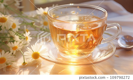 a cup of tea with chamomile in the background a cup of tea with chamomile in the background 109798272