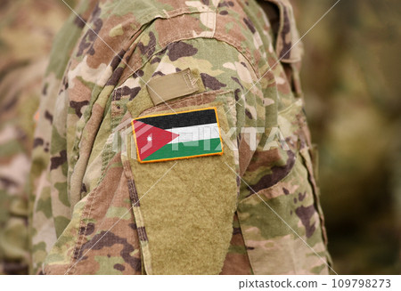 Flag of Jordan on military uniform. Army, armed forces, soldiers. Collage. Flag of Jordan on military uniform. Army, armed forces, soldiers. Collage. 109798273