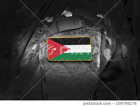 Flag of Jordan on military uniform. Army, armed forces, soldiers. Collage. Flag of Jordan on military uniform. Army, armed forces, soldiers. Collage. 109798276