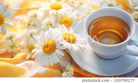 a cup of tea with chamomile in the background a cup of tea with chamomile in the background 109798277