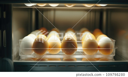 a photo showing eggs on trays in an open refrigerator a photo showing eggs on trays in an open refrigerator 109798280
