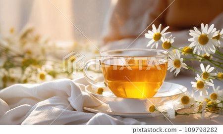 a cup of tea with chamomile in the background a cup of tea with chamomile in the background 109798282