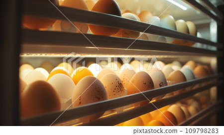 a photo showing eggs on trays in an open refrigerator 109798283