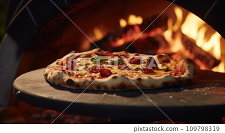 a pizza cooking in a wood burning oven 109798319