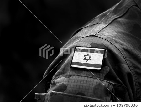 Flag of Israel on military uniform. (collage). 109798330