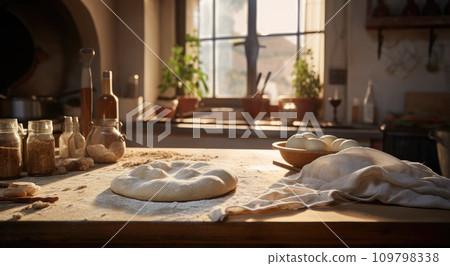 a pizza dough is making in a kitchen a pizza dough is making in a kitchen 109798338