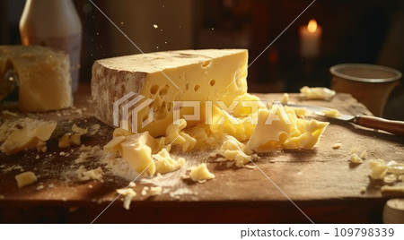a dish of cheese is cut in a knife 109798339