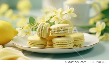 a plate filled with macarons next to lemon flowers 109798360