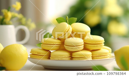 a plate filled with macarons next to lemon flowers 109798364