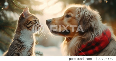 a dog is kissing a kitten on the floor with red stockings 109798379