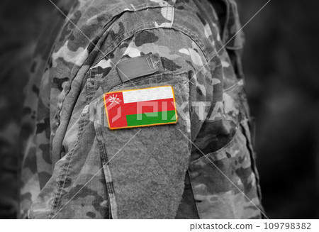 Flag of Oman on military uniform. Army, armed forces, soldiers. Collage. 109798382