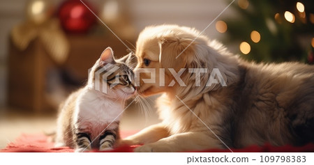 a dog is kissing a kitten on the floor with red stockings 109798383