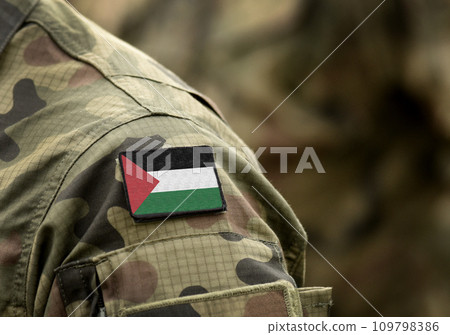 Flag of Palestine on military uniform (collage). 109798386